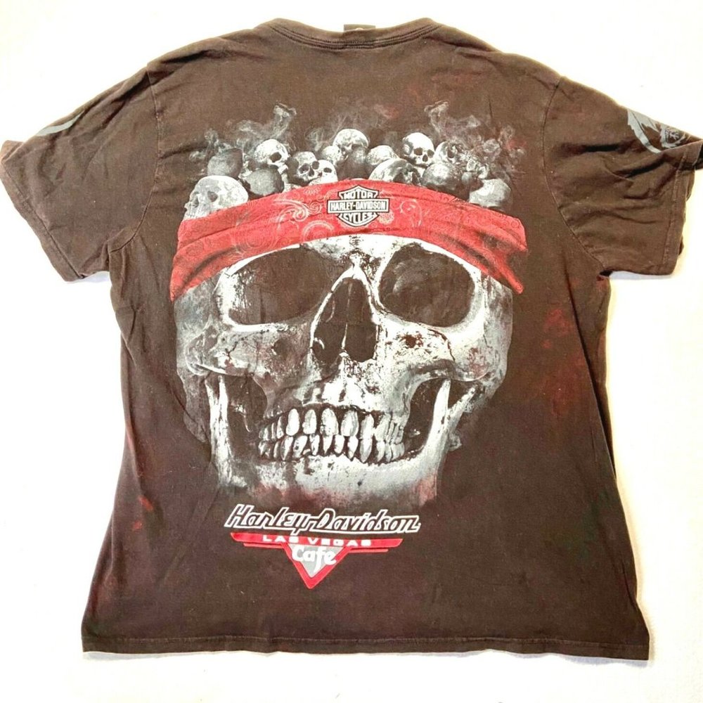 Vtg Harley Davidson Cafe Las Vegas Red Bandana Skull Brown T-Shirt - Size LARGE